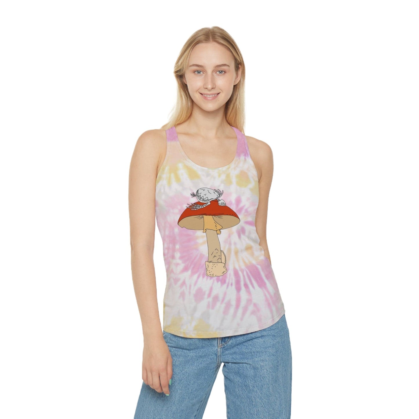 Colorful Tie Dye Tank Top with Mushroom Print, Summer Top, Festival Clothing, Bohemian Wear, Cute Graphic Tee - Hat and Skull Art
