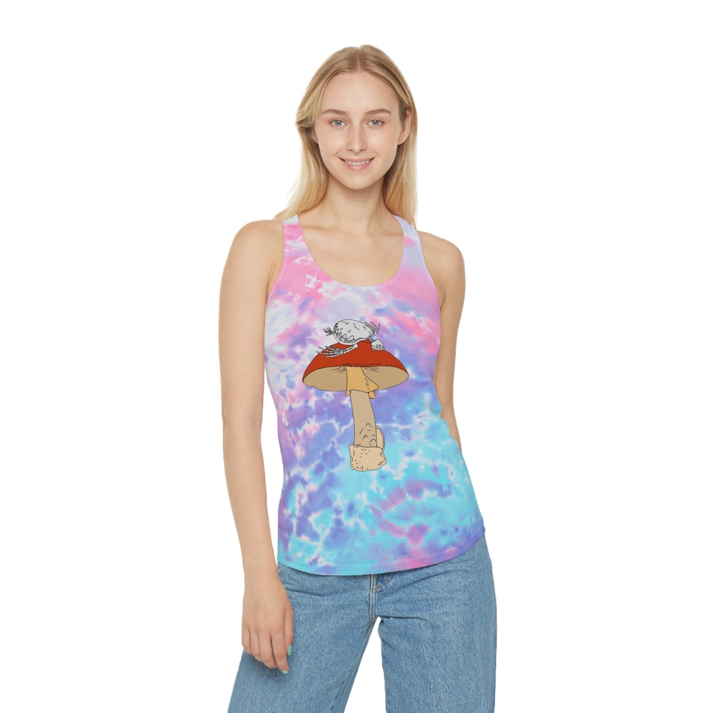 Colorful Tie Dye Tank Top with Mushroom Print, Summer Top, Festival Clothing, Bohemian Wear, Cute Graphic Tee - Hat and Skull Art