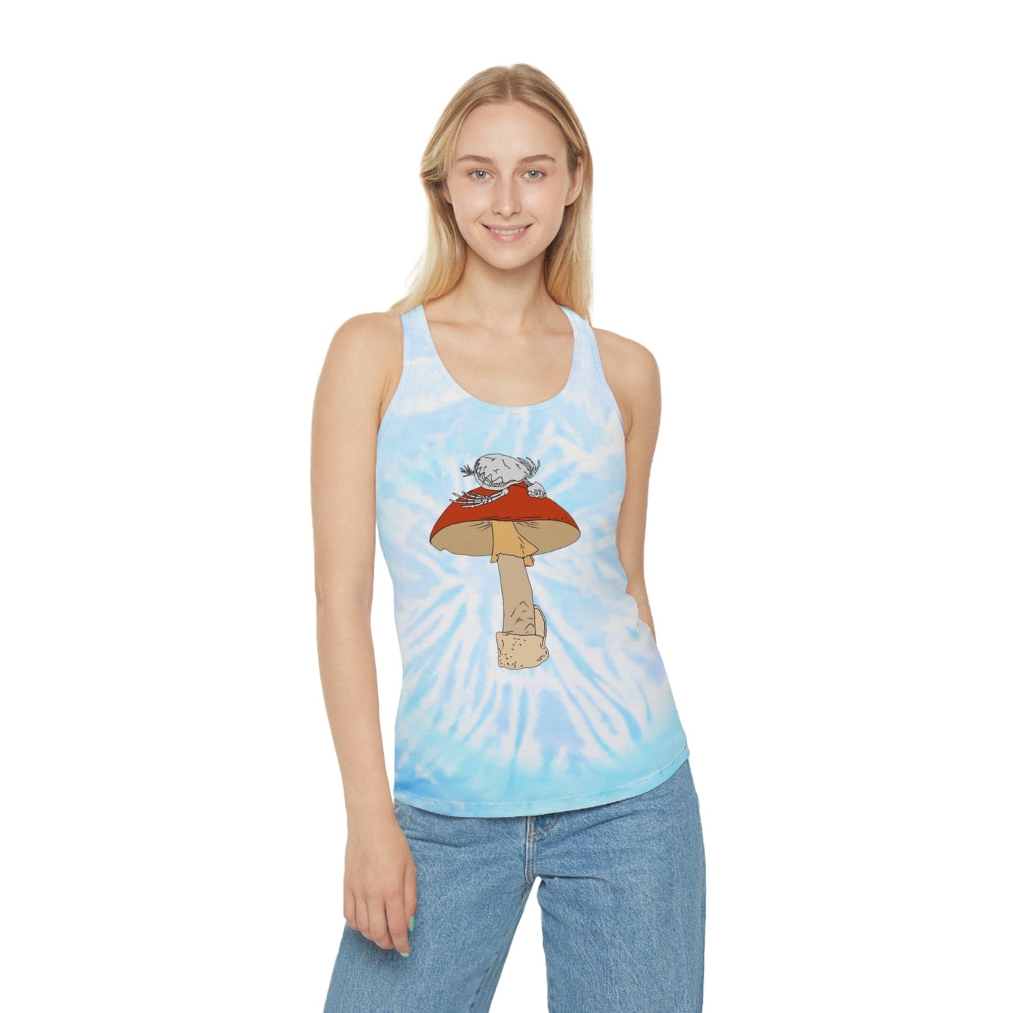 Colorful Tie Dye Tank Top with Mushroom Print, Summer Top, Festival Clothing, Bohemian Wear, Cute Graphic Tee - Hat and Skull Art