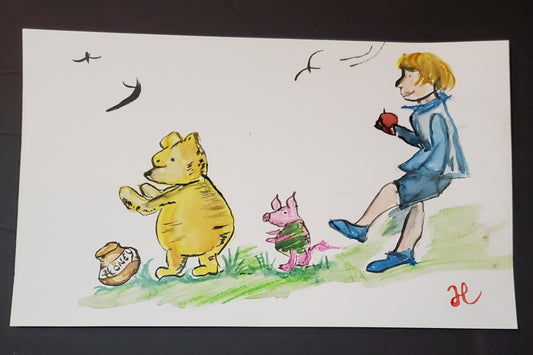 Winnie the Pooh Watercolor Stroll – Hand-Painted Fan Art Print with Piglet & Christopher Robin - Hat and  Skull Art 